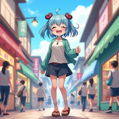 One person, solo, High resolution, smile, Open your mouth, Gaze, Blue Hair/Light blue hair, teeth, Anatomically correct, Highest quality, accurate, masterpiece, (geta:1.5)、getaを履く、Anime Style, Multiple ahoge, Walking through a shopping mall、