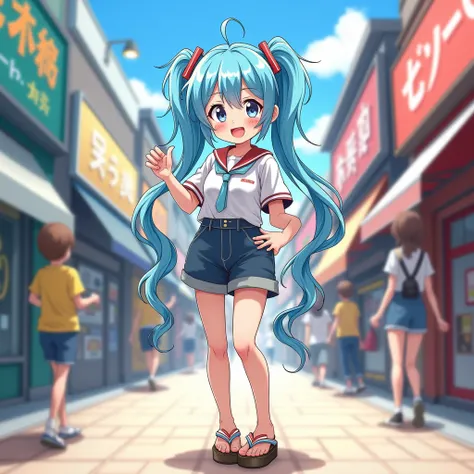 One person, solo, High resolution, smile, Open your mouth, Gaze, Blue Hair/Light blue hair, teeth, Anatomically correct, Highest quality, accurate, masterpiece, (geta:1.5)、getaを履く、Anime Style, Multiple ahoge, Walking through a shopping mall、