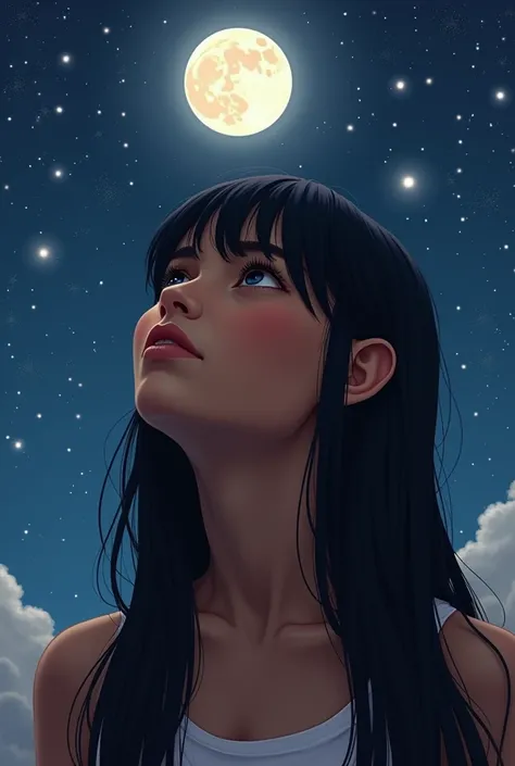 make me a sign thag has a 1 girl in the moon and stars. its like giving a vibes of achieving her dreams. the girl look is tan, with black long hair, and doesnt have a bangs, black eyes, and straight hair, pointed nose