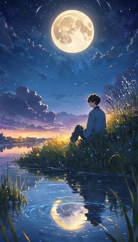 Basic background: A peaceful, expansive landscape, with the central focus on a clear, starlit night sky. The scene is set by a calm body of water, reflecting the night sky and the bright, full moon. The sky is filled with stars, with some larger and bright...