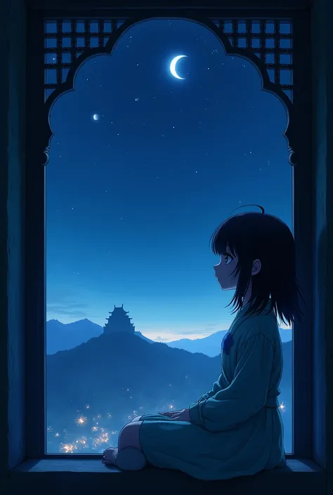 Highest quality, Manga-style profile, soft light, Night Ultra High Resolution, (Realistic:1.4), RAW Photos, 1 Japan, alone, cute, A face full of sorrow, beautiful in every detail,Sitting by the window of a cute castle, at night, watching the night sky.
