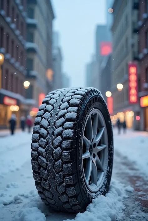 Nokian studded winter tire on a snowy city road