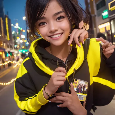 Detailed Background, masterpiece, Highest quality, smile, ornament, hoodie, Portraiture, Yellow neon, dark, night, One person, smile, Shortcuts, Black Hair, sexy