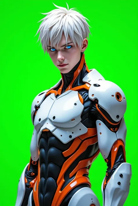 half-human, robot, male humanoid, cyborg, dominan white, blue eye, short hair, orange accent in body, looking at camera, green screen background, anime style face, full body