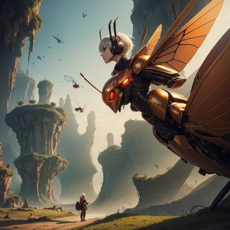 A short-haired girl with white hair is sitting on a massive mechanical ant with intricately designed wings. The ants glowing red eyes and metallic surface add to its imposing presence. The girl is dressed in a vibrant orange coat with a high collar and lar...