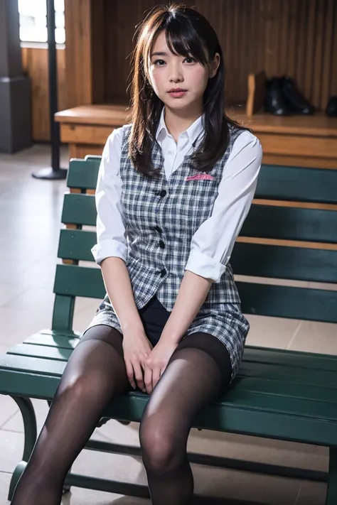 Urzan-6500-v1.1, (RAW Photos:1.2), (Realistic), (Genuine:1.4), １、Perfect Anatomy、42 years old、Looking into the camera、Medium Long Hair、Plaid vest、((Sit on a bench:1.3))、(Ultra-realistic pantyhose:1.2), (High heels)、(Business services)、Cowboy Shot