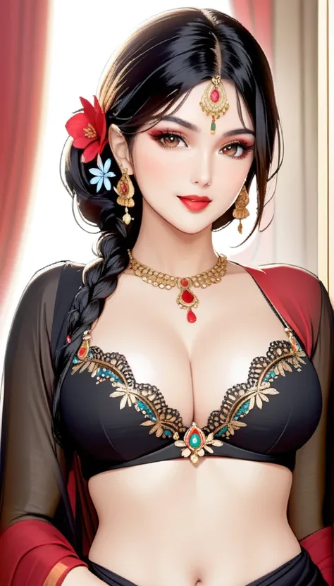 ((1woman, mature,single hair braid, black saree, big long  jhumka earrings , detailed alluring eyes, smooth detailed lips, beautiful face, smiling ,red lipstick ,navel,bangles,, sagging breasts , upper body view,red lipstick , makeup 