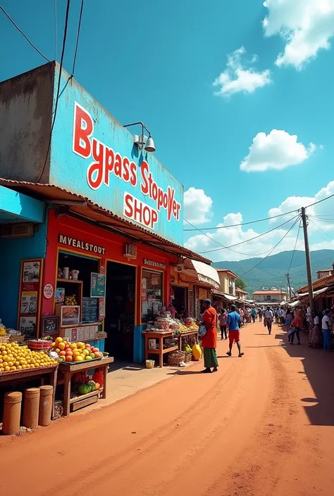 A Photo of a Kenyan local shop branded Bypass stopover shop in blue and red