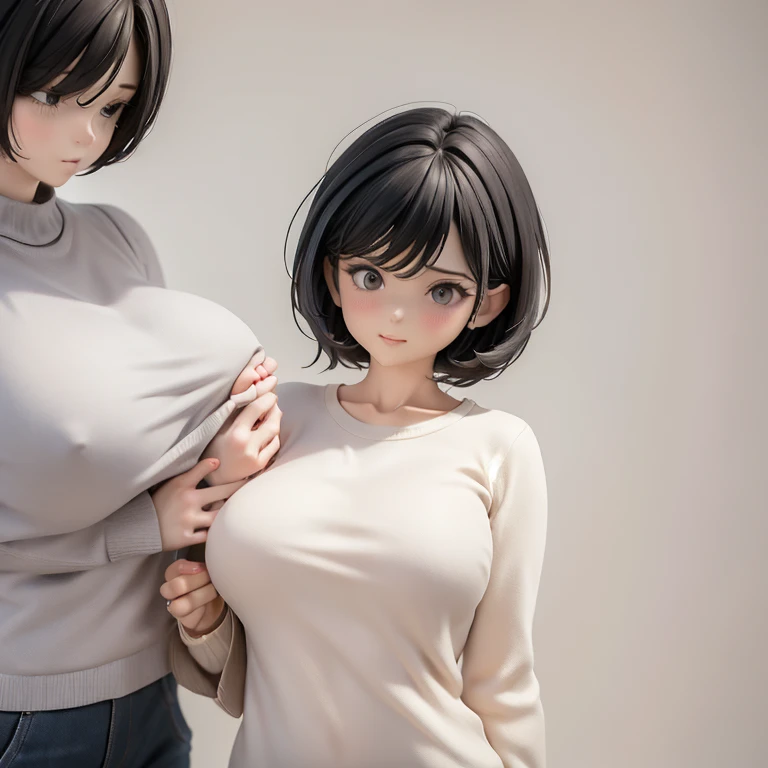 30-year-old woman、Mother,Married women,,Black Hair,Shortcuts、short hair、Casual wear、calm appearance、sweater、shirt、ポロshirt、Clothing patterns、Clothing Design、whole body、
Hand on the chest that is being held、My breasts are being massaged、A man is rubbing my b...