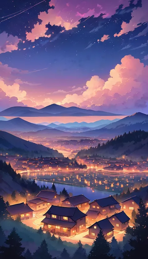 Background: An anime-style night scene of a serene town nestled between hills and mountains. The sky is a gradient of deep blues transitioning into warm purples and pinks, capturing the moments just after sunset. Soft, glowing clouds and emerging stars add...