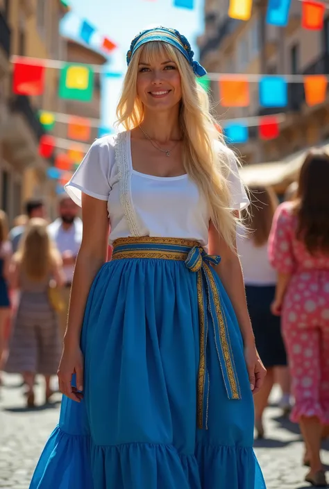 Blond woman. (((Full body))) Basque clothes. With t-shirt. Blue skirt and blue scarf around the bang. Backgrounds party basques not blurry. Generous tits. 