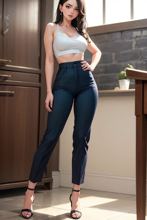 1 sexy MILF, dark blue high waisted skiny trouser pants, white strappy heels, tank top, long hair brunette, green eyes, standing up.