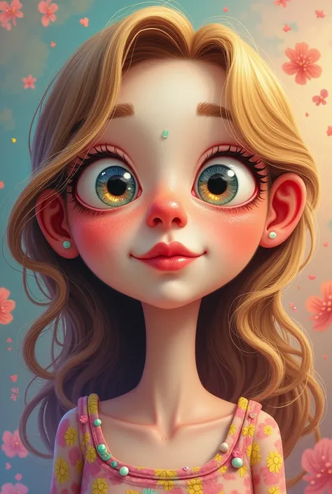 woman with big eyes, blonde and brown hair, big cheeks, big breasts, splattered nose