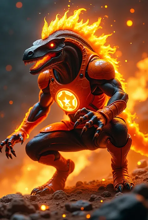 1man, alien, slender, dinosaur-like face, glowing eyes, flaming mane, sharp teeth, orange suit with black accents, black pants, orange boots, claws, orange lantern logo, orange aura, space background, powerful, crouching, holding a big orange lantern