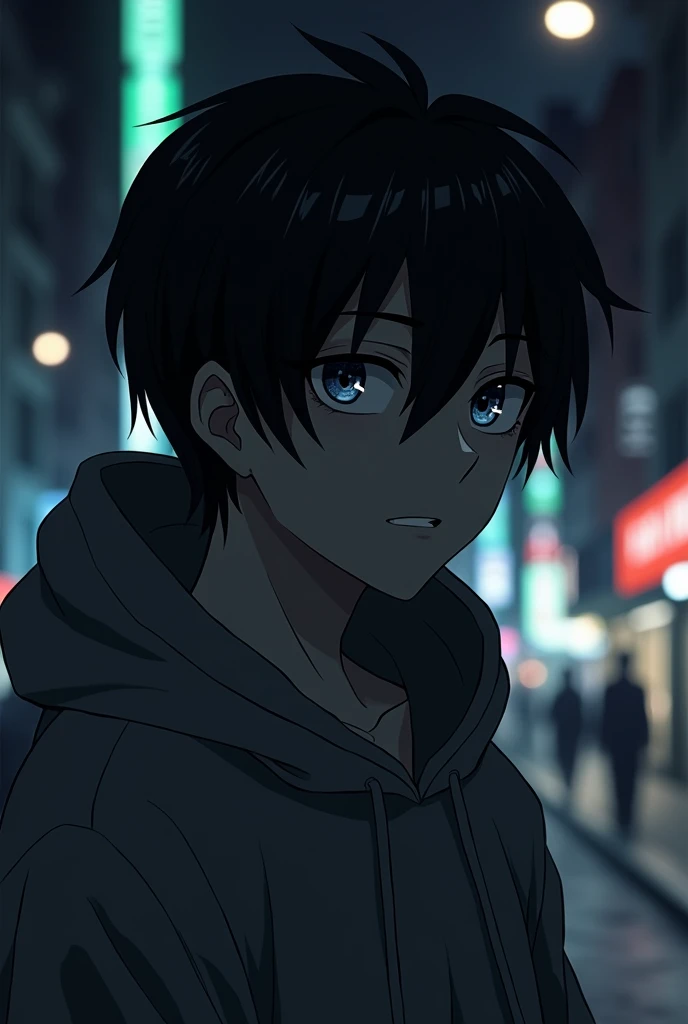 Generate a black anime style male character with black hair wearing a gray hoodie with bright white eyes, no mouth, and only his silhouette is visible.