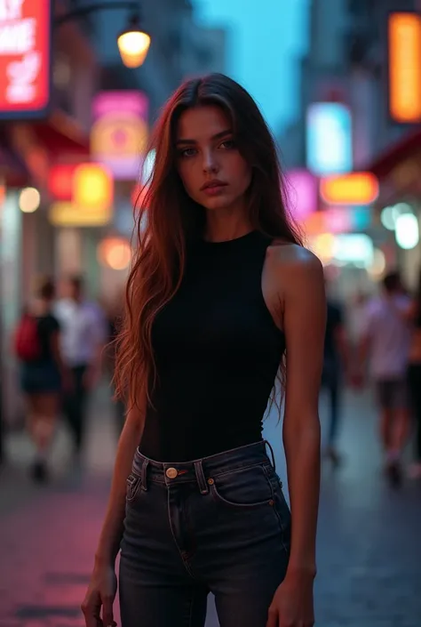 girl in black bodysuit, jeans, big breast