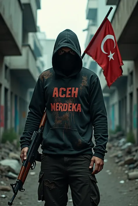 A psychopath holding an AK-47 and a Turkish flag, with ACEH MERDEKA written on his shirt. 