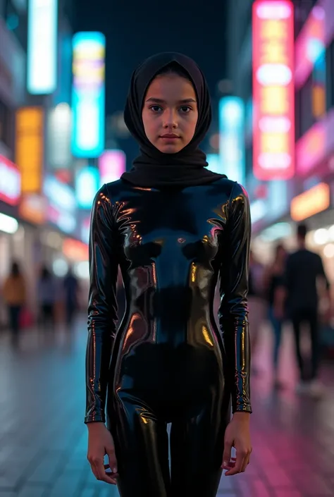 A girl wearing hijab . Innocent face. Long leg. Wearing full body black latex suit. High quality. High resolution