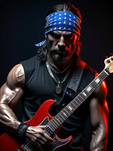 a muscular male metal music artist from america wearing a bandana, detailed face and upper body in a dark electric guitar backgr...