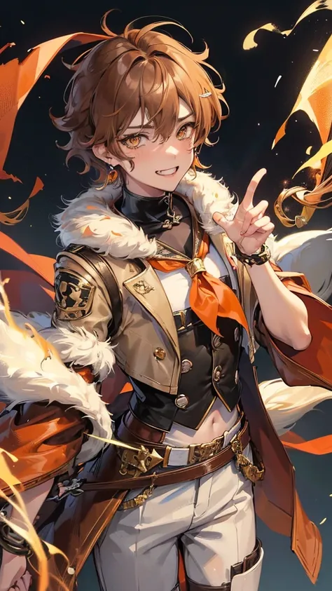 1 boy, anime, high quality, intricate details, futuristic setting, cowboy aesthetic, fluffy hair, messy hair, light brown hair, ombré hair, orange eyes, shiba aesthetic, androgynous, muscular, red neckerchief, grinning, excited, city setting, blushing, ear...