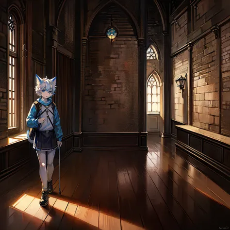 Furry, Anime furry, anthro male cat, light blue and white fur, short white hair, solo, blue sweatshirt, full body character, anime style character, digital painting, black skirt, medieval village, black medieval shoes, dagger, medieval backpack, walking in...