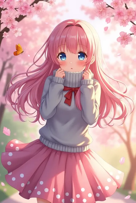 Cute anime girl in grey sweater and pink skirt
