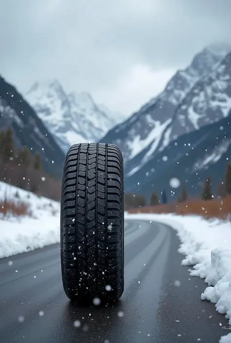 Winter studded tire for SUV passenger car on asphalt country road near mountain with snowy descent. overcast, snowing. 