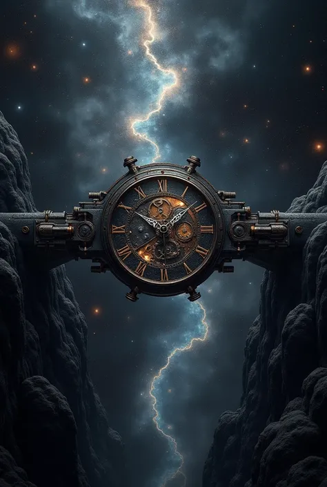 A image to two universe inter connecting by a time machine create it in black and intese theme with showing a unique clock and generate it in landscape