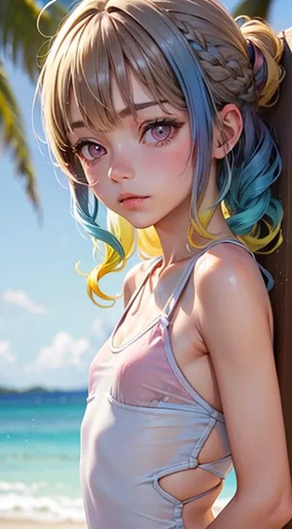 One Woman, alone, alone Focus, Cowboy Shot, Portraiture,, Beaver,Half watercolor, Half light blue, ((Brown Hair)), (Yellow Hair), (Gradient Hair :1.5), Curly Hair, ((Pink Eyes)), Very fine eye, work, White knit, (Small TI quality, Very detailed,Swimwear,