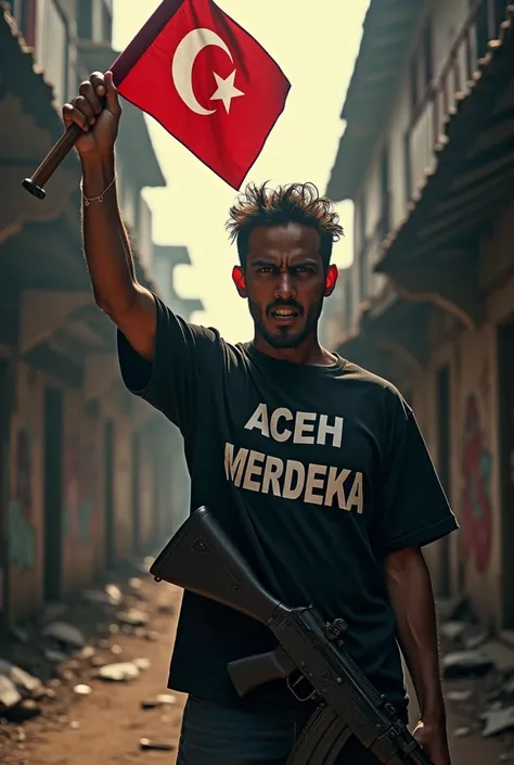 A psychopathic man with an Acehnese face holding an AK-47 and a crescent moon and star flag, with the inscription ACEH MERDEKA on his shirt. 