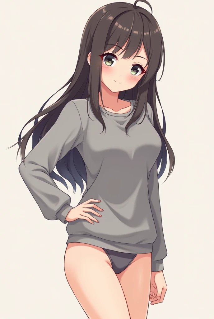 Cute anime girl in grey sweater with no pants or panties with vagina showing
