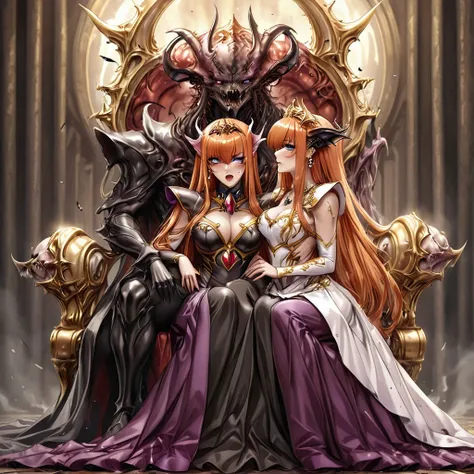 ((Highest quality)), ((masterpiece)), (detailed), （Perfect Face）、The woman is the Demon Queen Maya Cordelia, with medium-long orange hair, wearing a gorgeous black Demon Queen dress with gold embroidery and trim, gorgeous earrings, an engagement ring, and ...