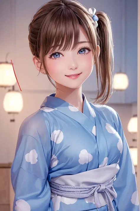 (((Cowboy Shot、Womens Solo Shot、Oil、Pure white wall background、masterpiece、Highest quality、High resolution)))、Blonde、short hair、(((Side Ponytail)))、(((Dotted yukata)))、(((Light blue yukata)))、((A brown polka-dot yukata)))、Fashionable hairstyles、Pure white ...