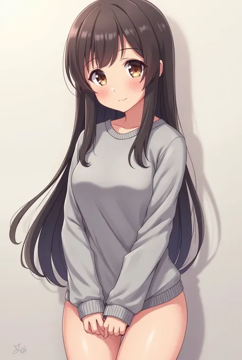 Cute anime girl in grey sweater with no pants or panties with vagina showing no underwear
