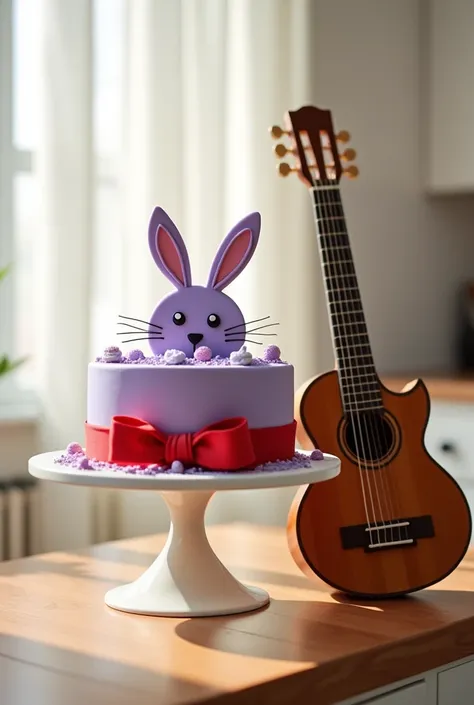 Purple rabbit cake with a red bow and a beloved guitar