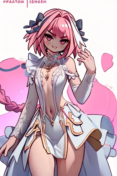 ((masterpiece)), ((best quality)), (detailed), astolfo, Beautiful, Beautifu and slim perfect body, slim body, really female, slim female body, female, flat chest, Pectorals, not breasts, very innocent smile, innocent smile, femboy, boy, bright pink hair, s...