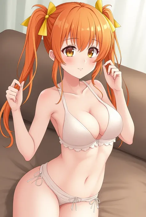 a cute girl, Orange hair, shot, shy, hipBlonde、Beautiful young woman、Twin tails、Yellow ribbon hair accessory、Underarm、Exposed skin、Leaning back, ((NSFW)), Without underwear, Without clothing, reckless underwear, (performing sexual services to the viewer)