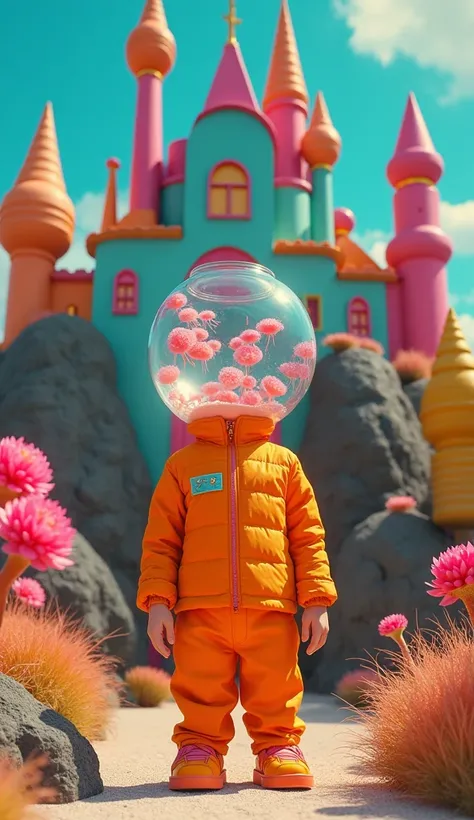 Retro surreal scene featuring a character with a fishbowl for a head, dressed in a bright orange, futuristic costume. The background includes a toy-like castle and a dark, artificial landscape with exaggerated, hand-crafted details. Retro colors, toy-like ...