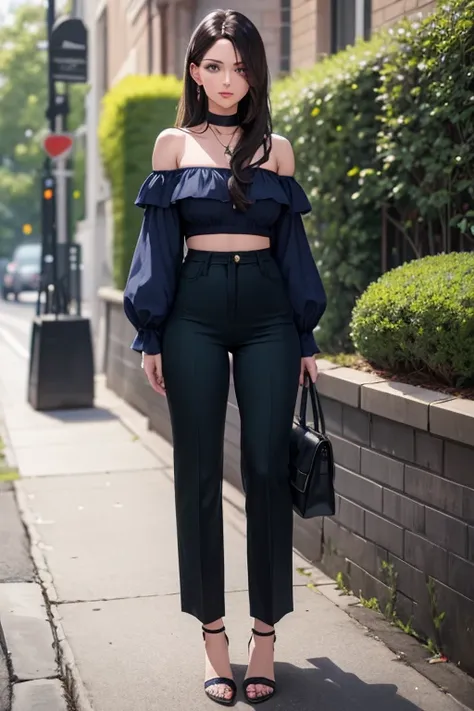 1 sexy MILF, dark blue high waisted skiny trouser pants, white strappy heels, off the shoulder top, long hair brunette, green eyes, standing up.