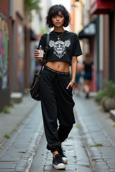 Tomboy girl in black and white outfit skin tone peach colour short hair in a street with a coffee and wearing sneakers 