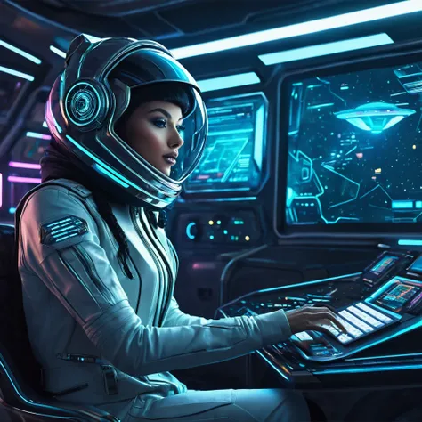 generate a brand strategy image in a futuristic intergalactic style in the form of. There should be a navigator (computer). Make a wild style