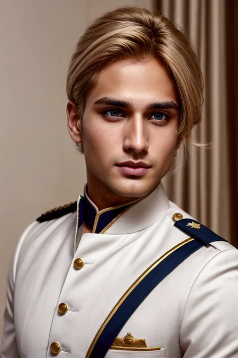 Handsome guy with golden hair in Indian navy white uniform with hazel eyes and sharp jawline full pic having sharp nose and hunter eyes 