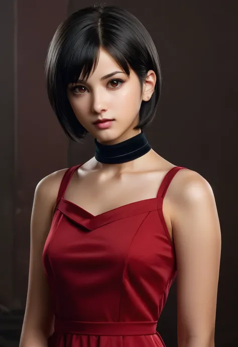 score_9, score_8_up, score_7_up, score_6_up
RE4Ada, 1girl, black hair, short hair, brown eyes, looking at viewer, simple background, portrait, red dress, choker