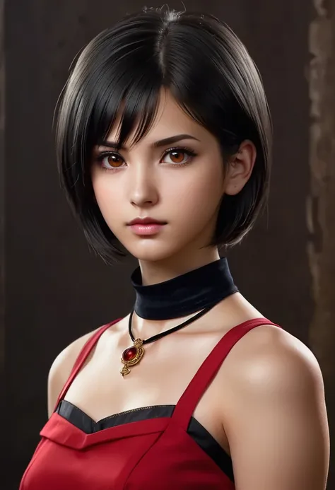 score_9, score_8_up, score_7_up, score_6_up
RE4Ada, 1girl, black hair, short hair, brown eyes, looking at viewer, simple background, portrait, red dress, choker