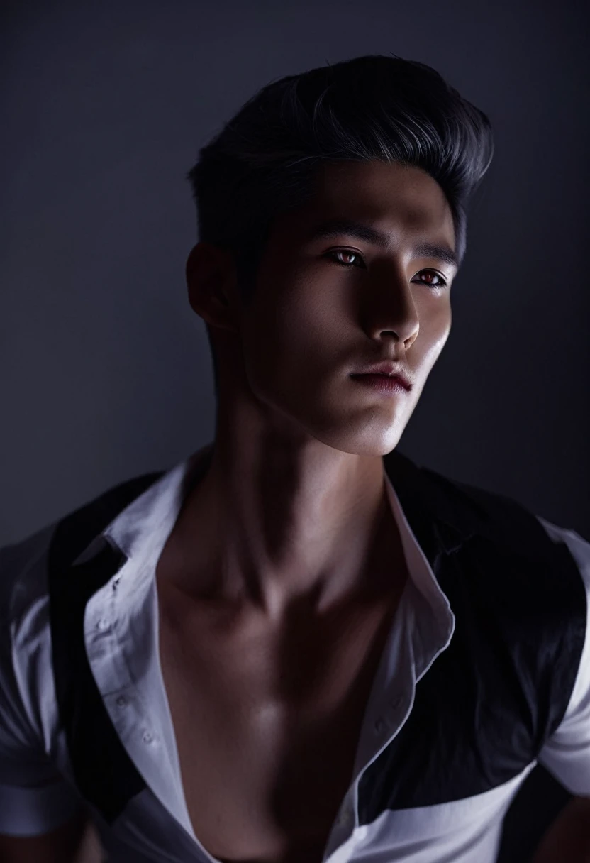 est quality, masterpiece, extremely detailed, full body, extremely handsome, masculine male, fair skin, 27 year old korean man, sharp angled facial features, red eyes, silver middle parting hair, unbuttoned white shirt, exposed chest, pov from below, dark ...