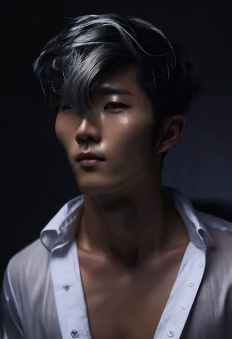 est quality, masterpiece, extremely detailed, full body, extremely handsome, masculine male, fair skin, 27 year old korean man, sharp angled facial features, red eyes, silver middle parting hair, unbuttoned white shirt, exposed chest, pov from below, dark ...