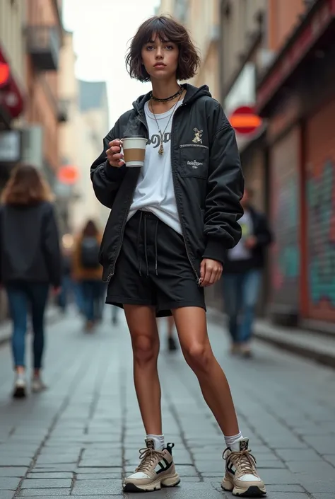 Tomboy girl in black and white outfit skin tone peach colour short hair in a street with a coffee and wearing sneakers she should look lil bit aesthetic 
