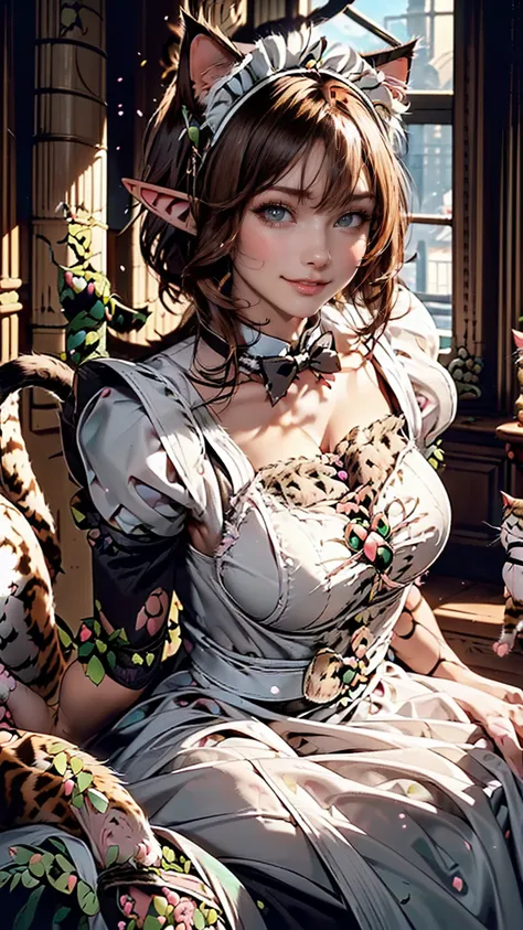 Beautiful woman, (Elf Queen:1.4) Sitting on the throne,(Cat maid outfit:1.8) , Perfect Face, whole body, Victorian era, Aristocratic costume, Intricate decoration, spelling, talk, smile, Put your arms behind your back, Soft Rim Light, Beautifully detailed ...