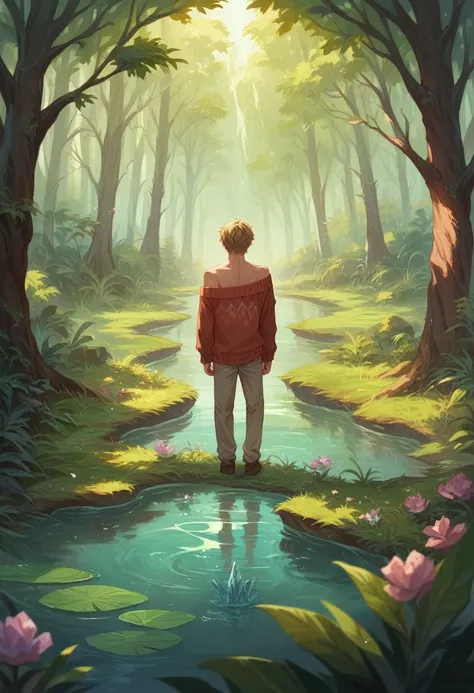 A peacefully flowing river, glistening in the warm sunlight as it meanders through a tranquil forest. The water, crystal clear and shimmering with a golden hue, reflects the surrounding lush greenery ((best quality)), ((masterpiece)), (detailed), 1boy, off...