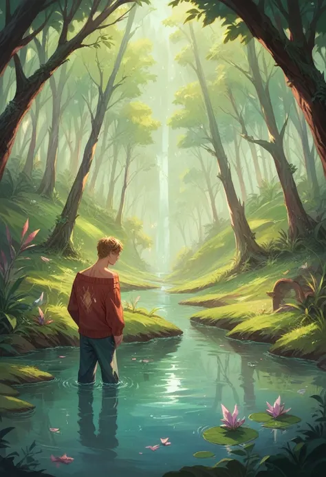 A peacefully flowing river, glistening in the warm sunlight as it meanders through a tranquil forest. The water, crystal clear and shimmering with a golden hue, reflects the surrounding lush greenery ((best quality)), ((masterpiece)), (detailed), 1boy, off...